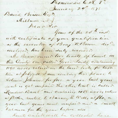 Brison Letter: David Brison's Claim to Goose Ponds Lands, 1878