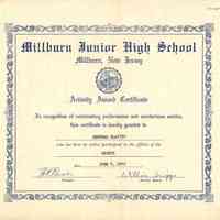 Millburn Junior High School: Deborah Slavit Activity Award Certificate for Chorus, 1962