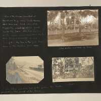          Bottom left text: The station was at the front of the garden the tracks parallels is the front of the house. Bottom right text: Front. Top right text: This picture was taken in 1893. Top left text: This is the Brison Homestead at Millburn N.J. where Emilie Benson was born and lived. The steps originally went up at this front inside the fence. The two big trees in the walls were taken down by the town to lay a sidewalk in 1922. Line of the big trees in the yard blew down in the Cyclone June 1922.; Fragmented piece at bottom left
   