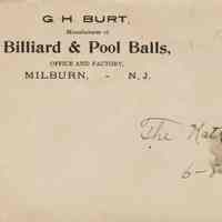 Burt Pool Ball Factory: G.H. Burt Billiar & Pool Balls Envelope, 1898