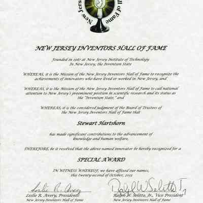 Hartshorn: New Jersey Inventor's Hall of Fame Award and Material, 2015