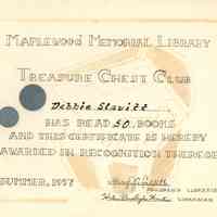 Slavitt: Maplewood Memorial Library Reading Certificate, 1957