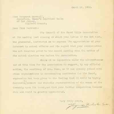 Millburn Women's Political Union: Short Hills Association Response to Rose Endorsement, 1915