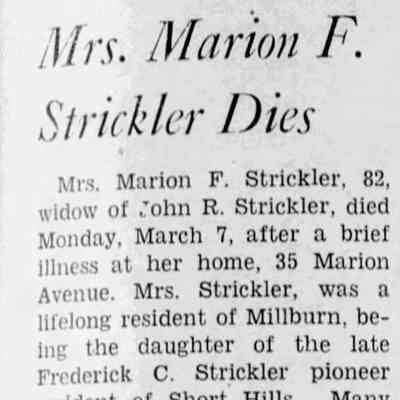 Marion F. Stricker obituary, The Item, March 11, 1938