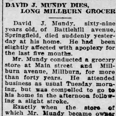 Obituary of David Mundy, Courier News, February 1, 1924.