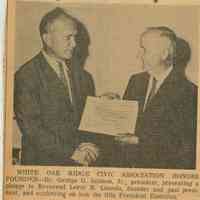 Lincoln: White Oak Ridge Civic Association Award to Leroy Lincoln, 1960