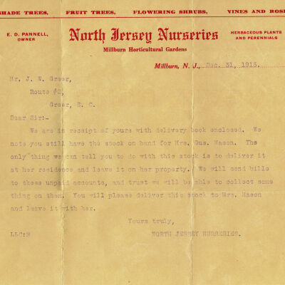North Jersey Nurseries Letter to J.W. Greer, December 31, 1916