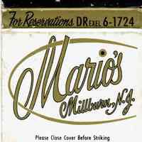          Mario's: Mario's, Millburn, N.J. Matchbook Cover picture number 1
   