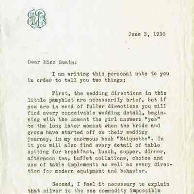 Swain: Emily Post Autograph Letter to Lilian Swain, 1930