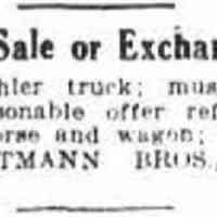          Notice from Hartmann Bros. selling a one-tone Koehler truck, Newark Evening News, Thursday, November 5, 1914.
   