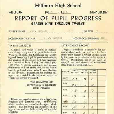 Millburn High School: Report Cards for Ronald Joy, 1952-5