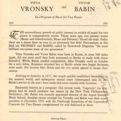 Community Concert Association: Vronsky and Babin Concert Program and Reviews, 1952