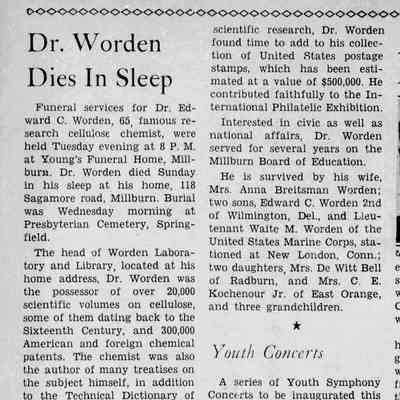 Obituary of Edward Chauncey Worden from the Item of Millburn-Short Hills, September 27, 1940