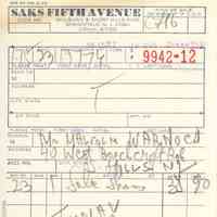 Saks Fifth Avenue: Receipt from Saks Fifth Avenue, 1970