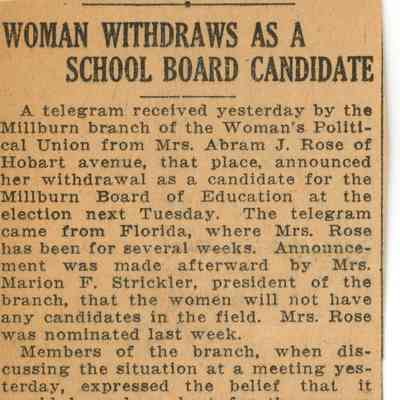 Millburn Women's Political Union: School Board Candidate Controversy Articles, 1915