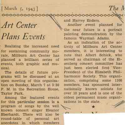 Millburn Art Center: Event Plans, 1943