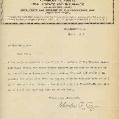 Wyoming Civic Association: Charles R. Reeve Thank You Letter, 1915