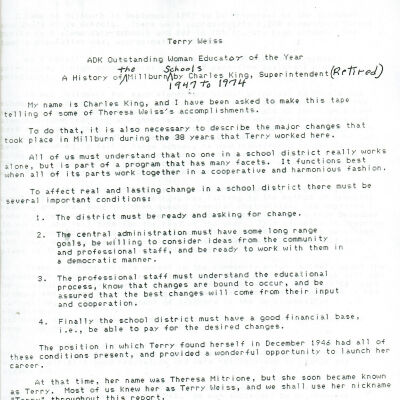 Oral History: King, Charles (Lecture on "History of Millburn Schools 1947-1974"