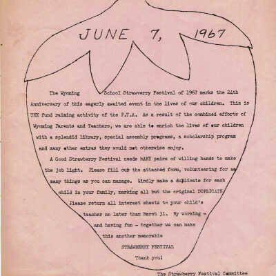 Flyer asking for parent volunteers for the June 7, 1967 Wyoming School Strawberry Festival