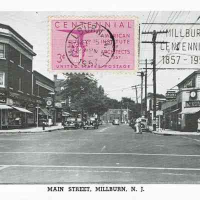 Main Street: Main Street and Millburn Avenue Centennial Postcard, 1957