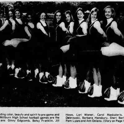 Photograph of the first group of Flagsters, Item, October 19, 1972. Pictured are: Ginny Edgcomb, Betsy Franklin, Jill Howe, Lori Wiener, Carol Maskaleris, Liz Farnham, Kris Dabrowski, Barbara Hansbury, Sheri Beri, Marybeth Gilsenan, Pam Lyons and Ann Delano.