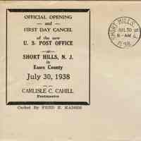 Post Office: Short Hills Post Office First Day Cover, 1938