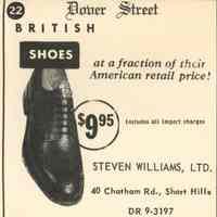 Shoes: Advertisement for Steven Williams, Ltd. Shoes, 40 Chatham Road, Short Hills, 1955