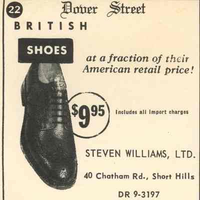 Shoes: Advertisement for Steven Williams, Ltd. Shoes, 40 Chatham Road, Short Hills, 1955