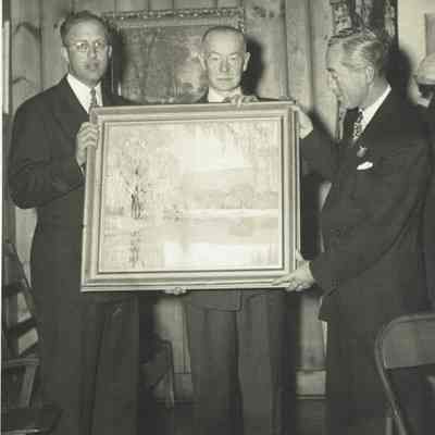 Millburn Art Center 1945 Scrapbook: Presentation of Jorgensen's Taylor Park Lake Painting, 1945