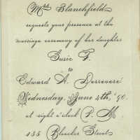 Wedding Invitation for the Marriage of Susie Blanchfield to Edward Derrevere, 1890