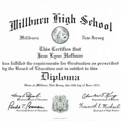 Millburn High School: Diploma for Jean Lynn Hoffman, 1973