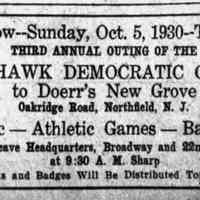          Advertisement for Doerr's New Grove, Oak Ridge Road, Northfield, N.J.; Doerr's Grove was often described as being located in Northfield or in Livingston in 1930
   