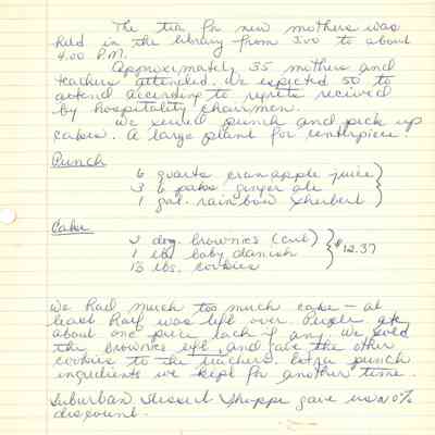 South Mountain School: PTA Refreshments Committee Notes, 1962-1974