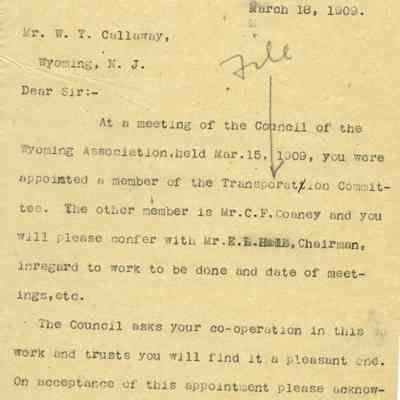 Wyoming Civic Association: Transportation Committee Appointment Letters, 1909