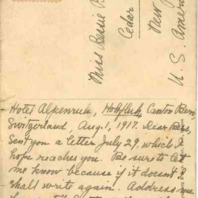 Bosworth: Postcard to Bessie Bosworth from Switzerland, 1917