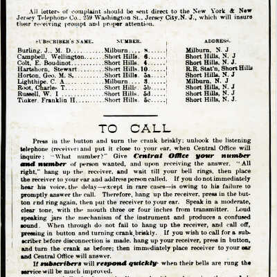 Telephone Subscribers List and Instructions for Short Hills & Millburn, 1884