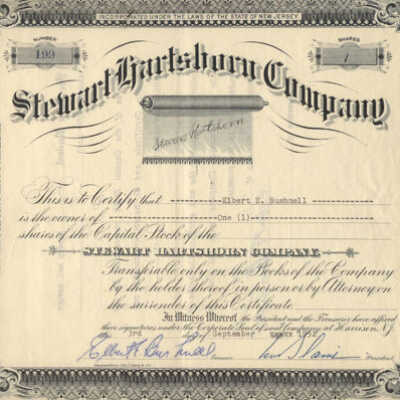 Stewart Hartshorn Co stock certificate #199 for Elbert Bushnell