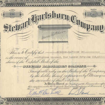 Stock certificate #196 for 18,451 shares of Stewart Hartshorn Co, issued to Breneman-Hartshorn Inc.
