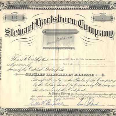 Stewart Hartshorn Company stock certificate #197