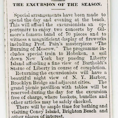 Recreational Excursion to Manhattan Beach notice from The Budget, 1886