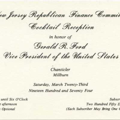 Chanticler Restaurant: Invitation to NJ Republican Finance Committee Event for Gerald Ford, 1974