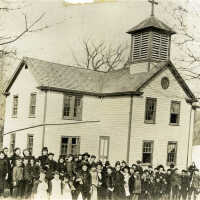 St. Rose School-Original Building with Students Outside, 1896