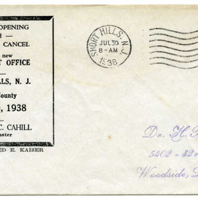 Short Hills Post Office Dedication Commemorative Envelope, July 30, 1938