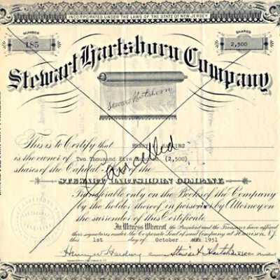 Stewart Hartshorn Company stock certificate #185