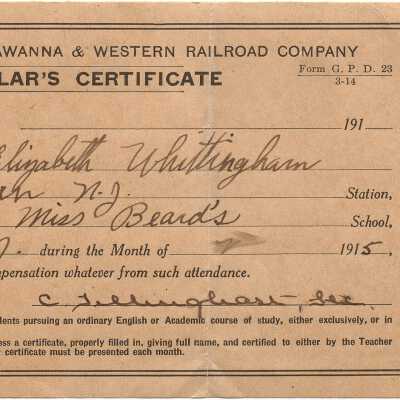 Whittingham: Delaware Lakawanna & Western RR Company Scholar's Certificate, 1915