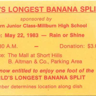Millburn High School: "World's Longest Banana Split" Fundraiser Ticket, 1983