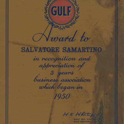 Salvatore 'Samartino' Brass award plaque given by Gulf