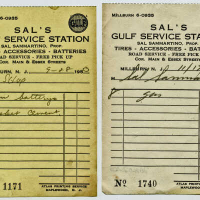 Two Sal's Gulf Service Station receipts and an unused business envelope
