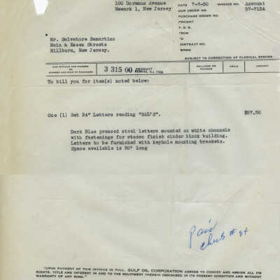 Gulf Oil Corporation Invoice to Salvatore Sammartino, owner/operator of Sal's Gulf Service Station, 1950