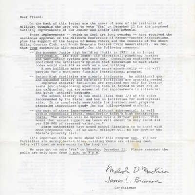 Millburn Schools Building Plan Citizens' School Action Committee Letter, 1973